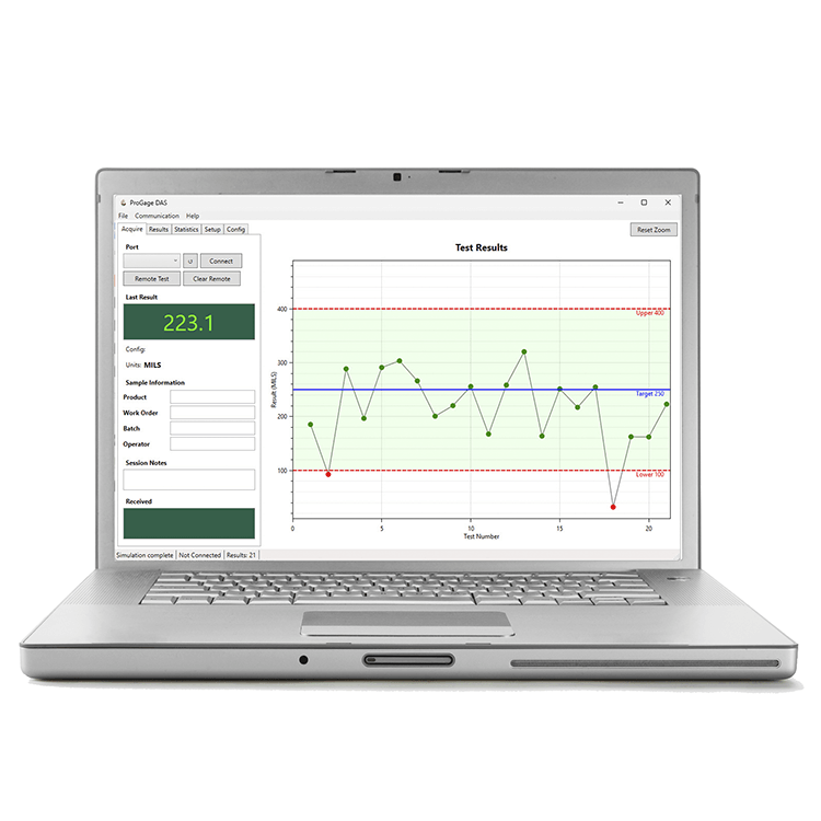 DAS 2 data acquisition software screenshot showing real-time thickness measurement chart and statistics