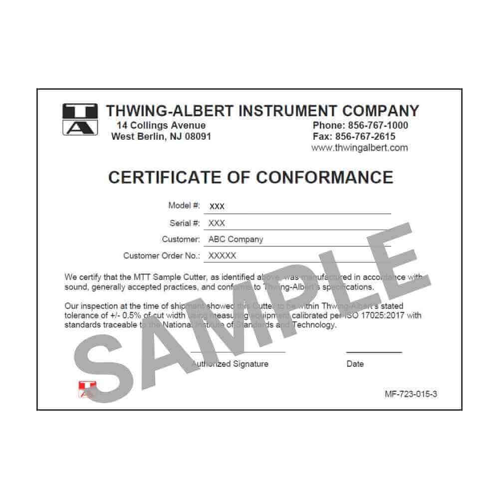 Optional Certificate of Conformance for ASTM F88. Available for new MTT Cutters only. Must order separately.