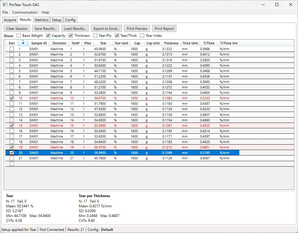 ProTear Touch DAS2 Statistics Example Data