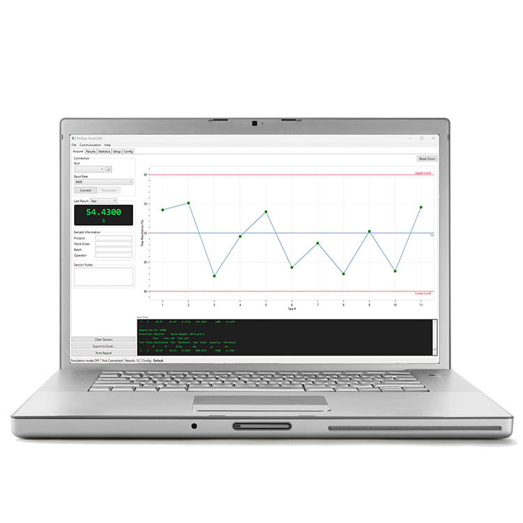 ProTearTouch DAS2 data acquisition software screenshot showing real-time thickness measurement chart and statistics